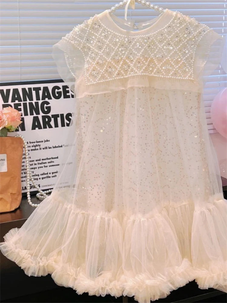 Girls' Summer Dress – Korean Princess Casual Mesh Dress with Pearl Sequin Details