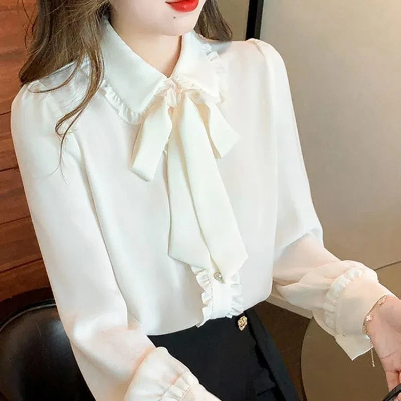 Women's Doll Collar Blouse – Long Sleeve Solid Color with Bow, Ruffles, and Button Details for Spring/Autumn