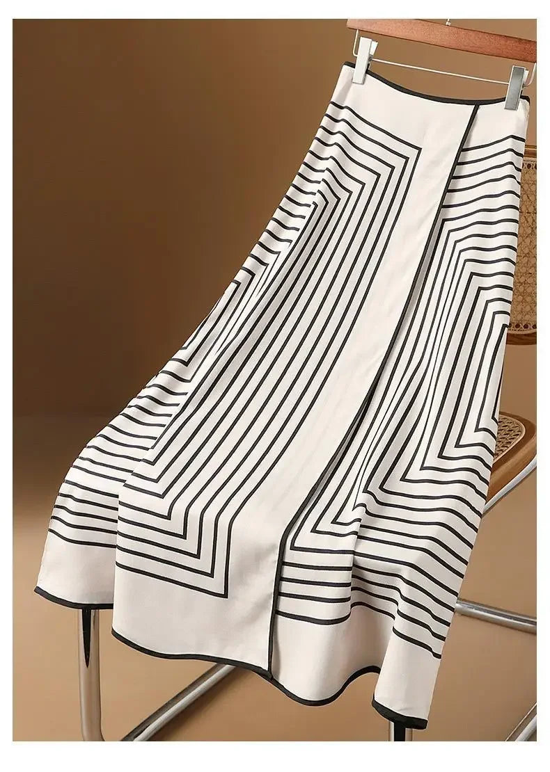 Summer Casual Luxury Black & White Striped Hepburn Style Long Skirt