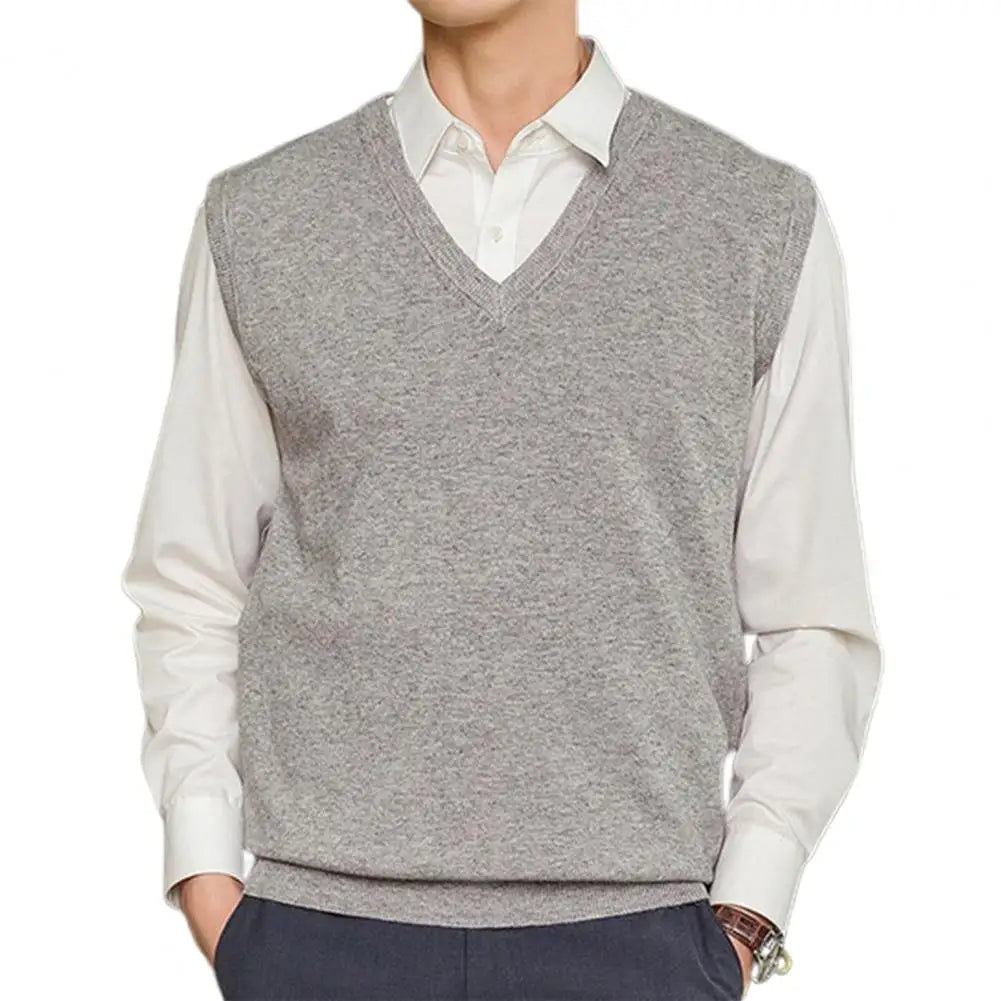 Men's Sleeveless Sweater Vest – Solid Color, Loose Fit, V-Neck Knitted Pullover Waistcoat