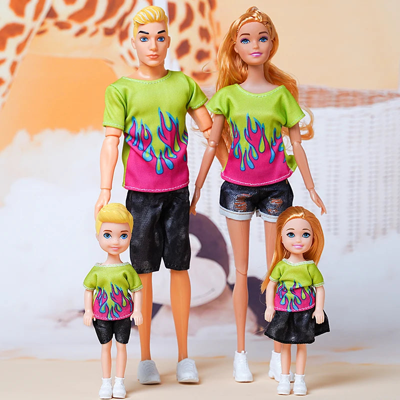 Barbie Family Doll Set - 4-Piece: Mom, Dad, Kids, 30cm Dolls with Clothes - Perfect Educational Birthday Gift