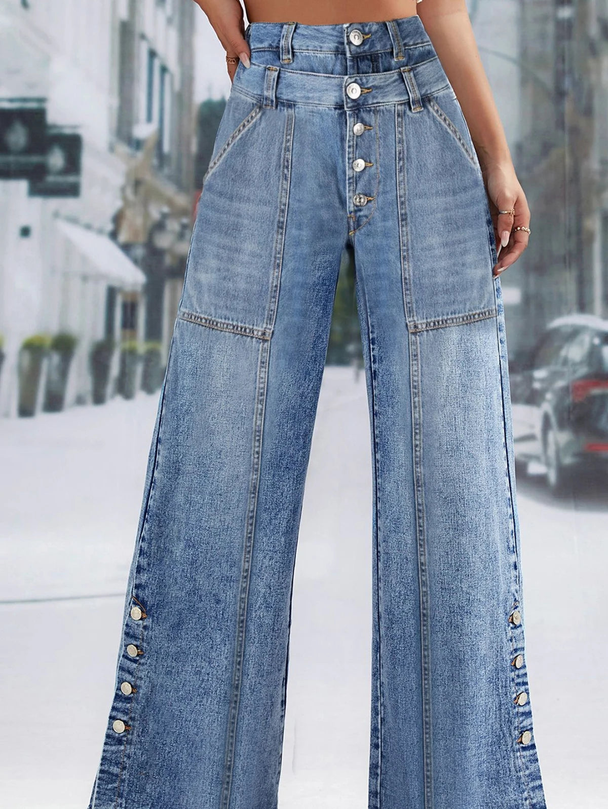 Women's High-Waist Wide-Leg Jeans – Fashionable Button Detail, Loose Fit, Slimming, Trendy Straight Pants.