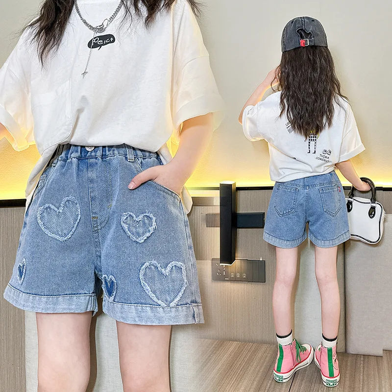 Cute Pearl Heart Denim Shorts for Girls