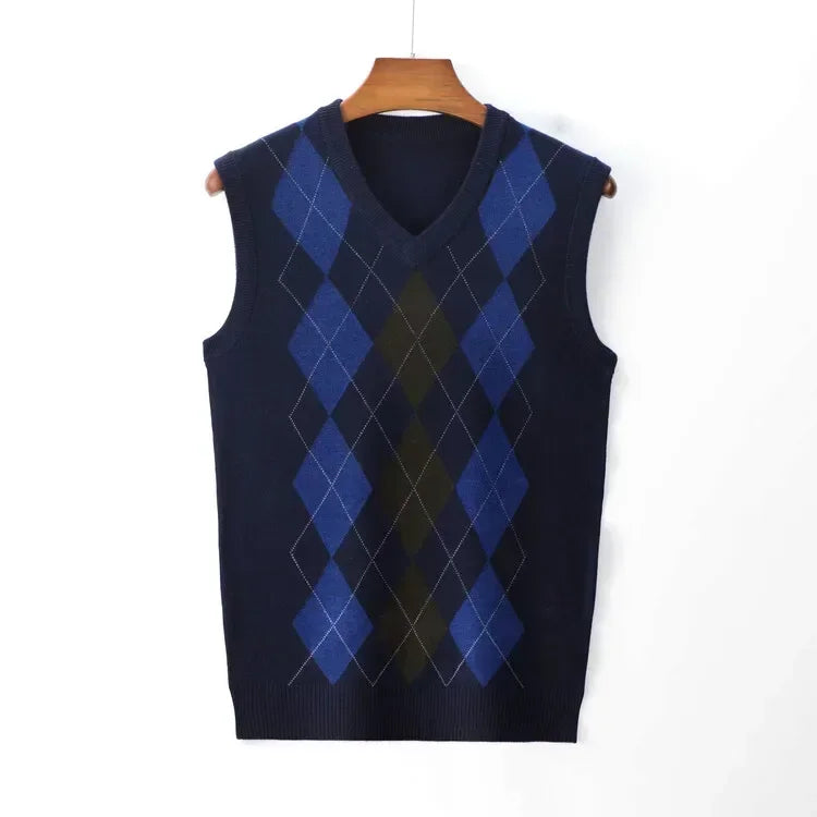 Men's Business Casual Pullover Wear Warm Sleeveless Wool Knitted Sweater Plaid Vest Tops