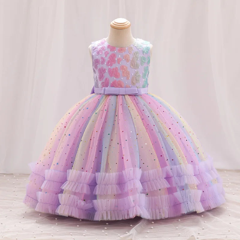 Embroidered Star Sequin Rainbow Dress for Girls
