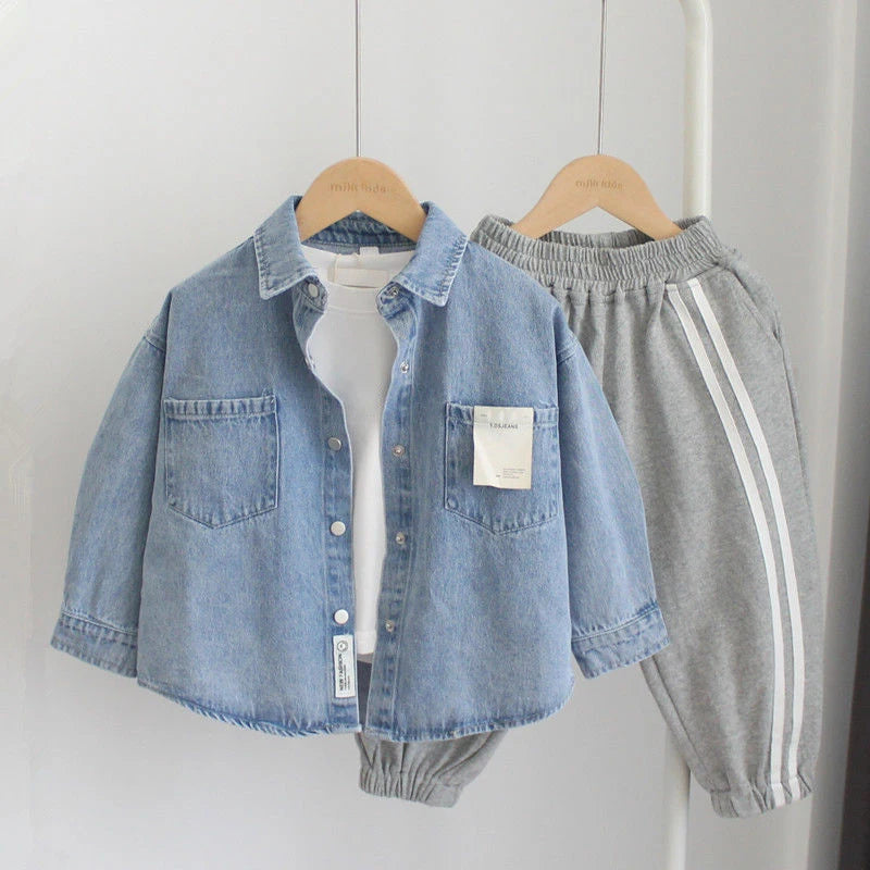 Boys' Denim Shirt – Long Sleeve Turn-Down Collar, Loose Casual Fit for Spring & Autumn