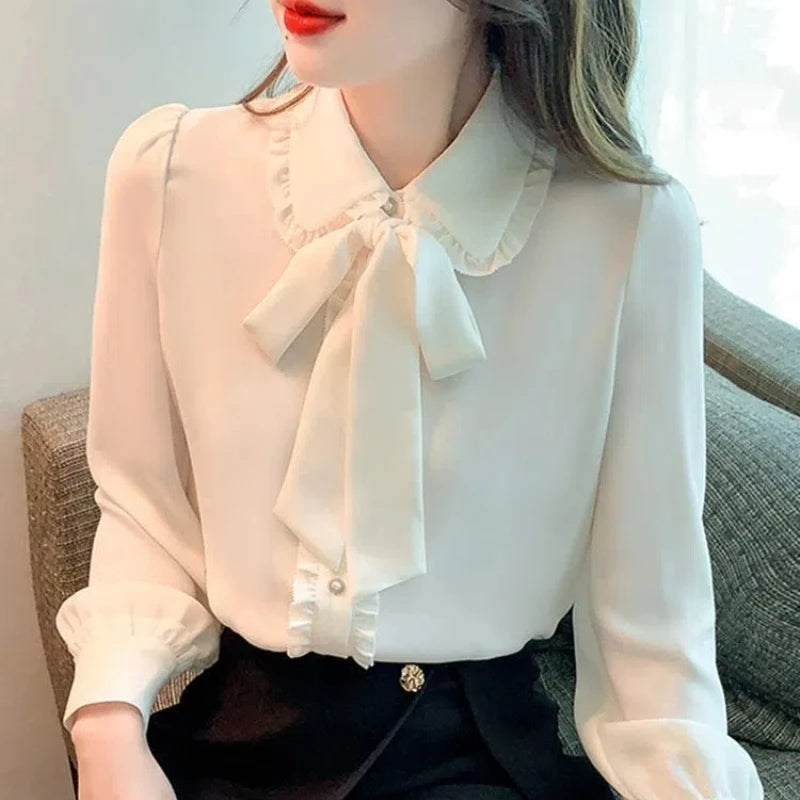Women's Doll Collar Blouse – Long Sleeve Solid Color with Bow, Ruffles, and Button Details for Spring/Autumn
