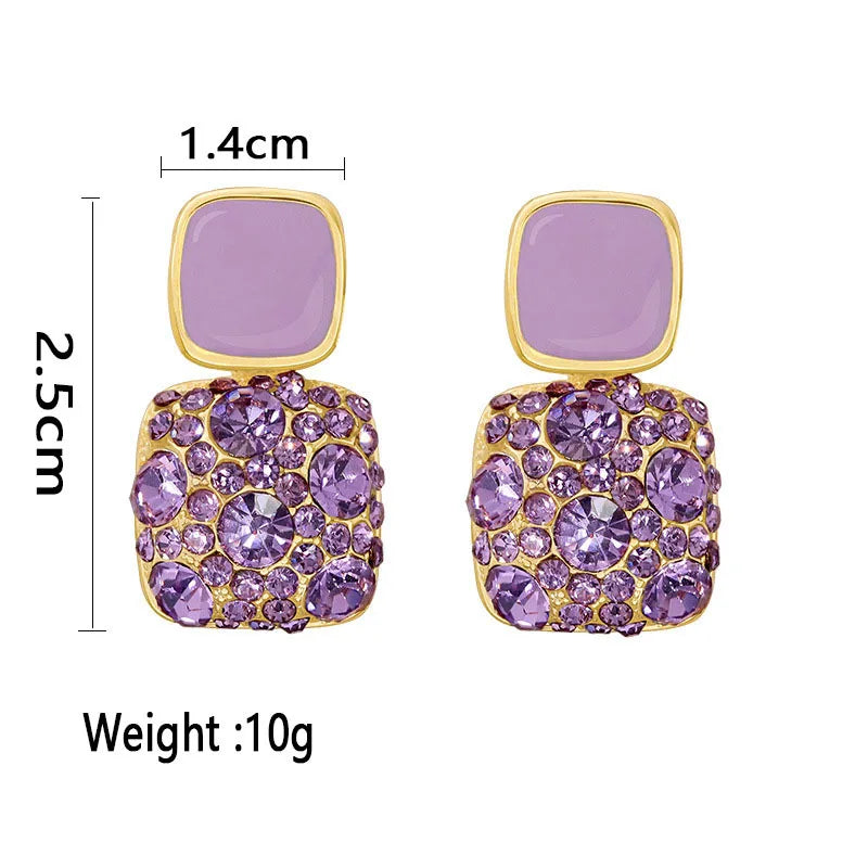 Vintage Enamel Square Stud Earrings: Trendy Zircon Fashion Jewelry