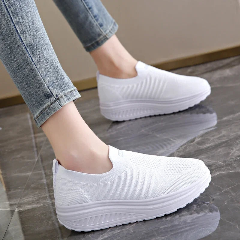 New Comfortable Women's Classic Wedge Sneakers - Black & White Plus Size