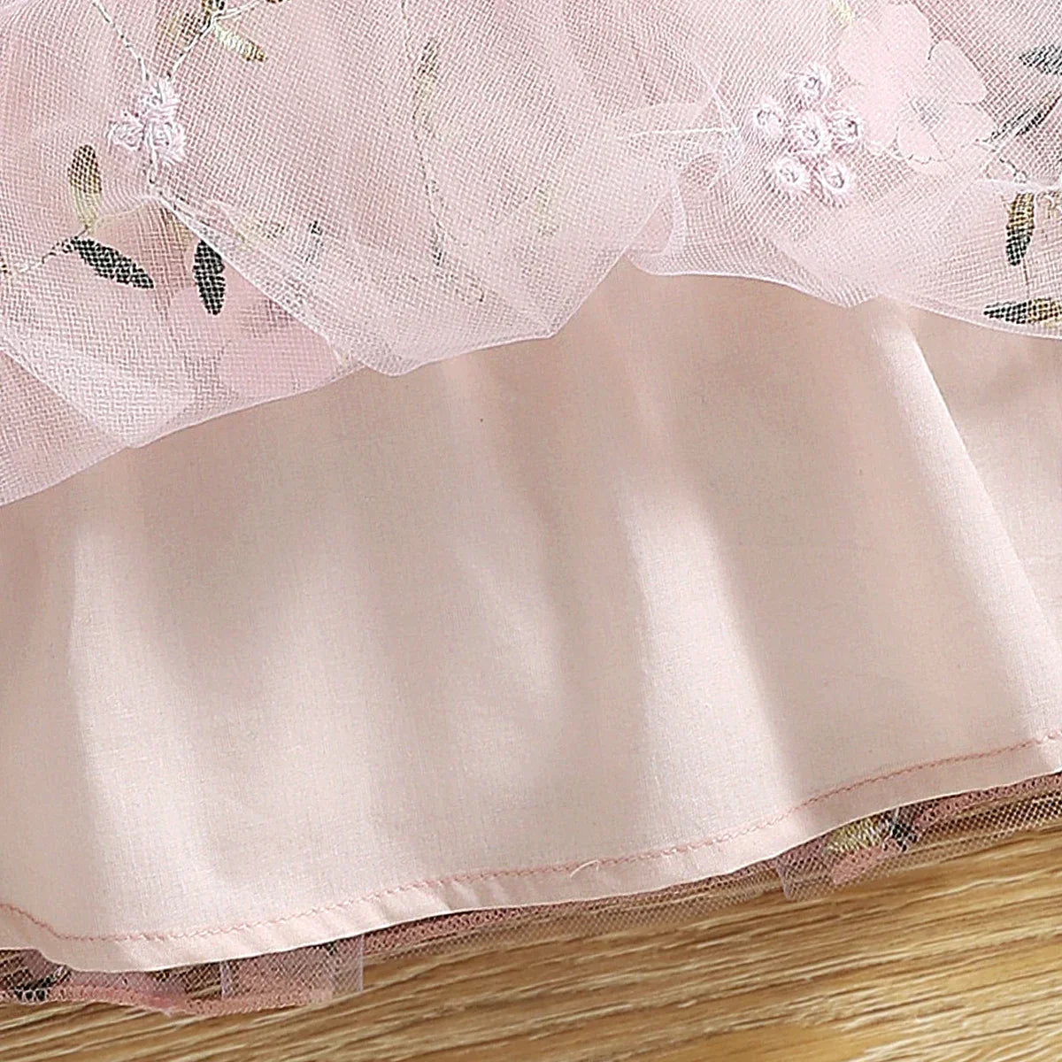 Baby Girl Pink Floral Embroidered Mesh Dress - Long Sleeve Bowknot