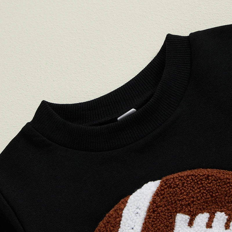 Boy Fall Pants Set Football Embroidered Long Sleeve Round Neck Sweatshirt Plaid Long Pants Outfits
