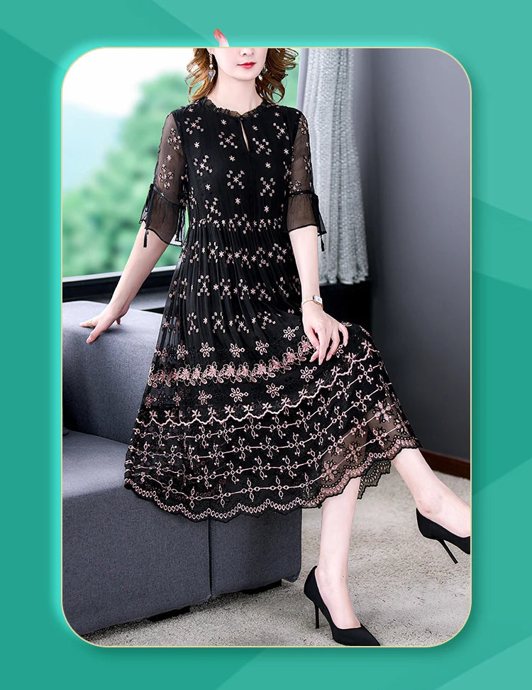 Black Embroidered Mulberry Silk Midi Dress – Hollow Out, Light, Elegant, Vintage Korean Style