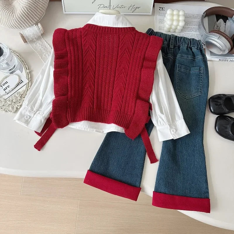 3-Piece Girls' Autumn Winter Outfit Set – Long Sleeve Shirt, Knitted Sweater Vest, and Jeans for Toddlers