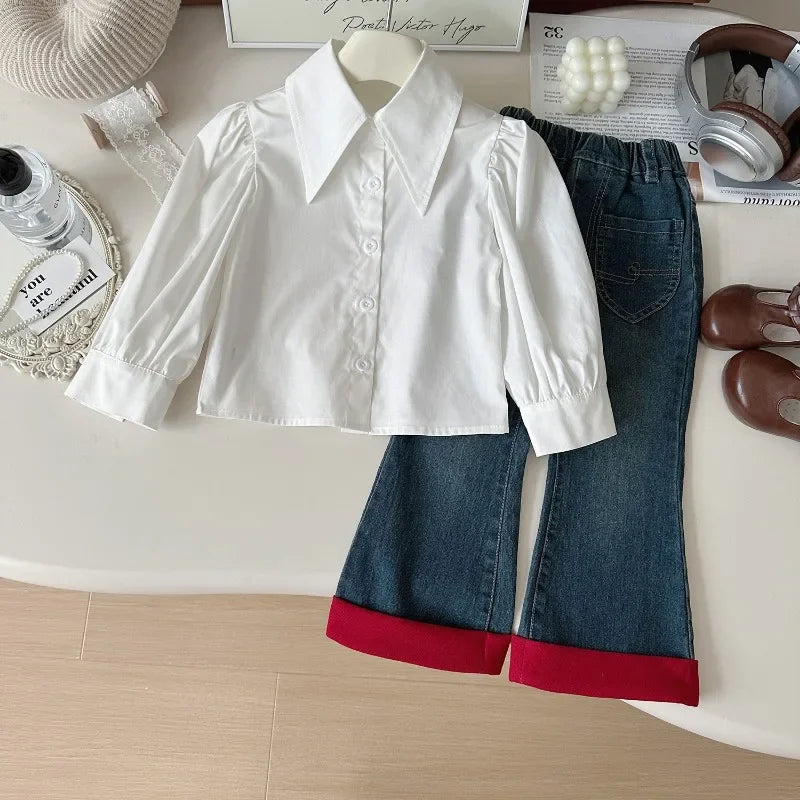 3-Piece Girls' Autumn Winter Outfit Set – Long Sleeve Shirt, Knitted Sweater Vest, and Jeans for Toddlers