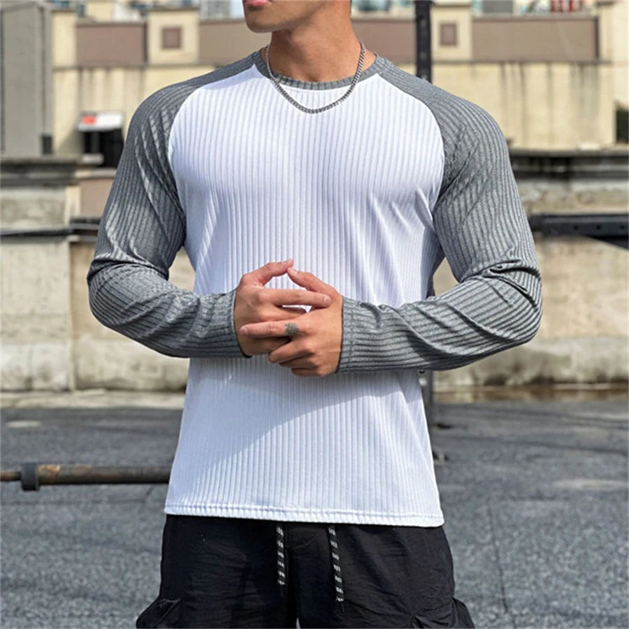 Men's Long Sleeve Gym Shirt - Splice Color Quick Dry Fitness Tee