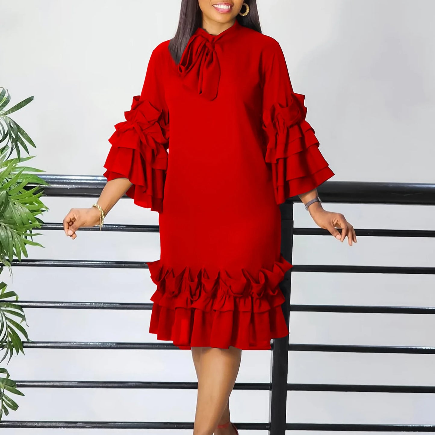 New Casual Ruffle Edge Flare Sleeves Loose Dress for Women