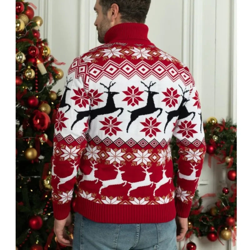 Christmas Reindeer Turtleneck Sweater – Knitted, Long-Sleeved, Couples Jumper, Warm, Thick Winter Sweater