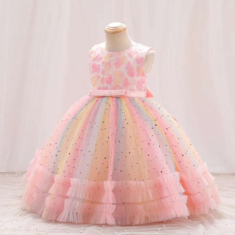 Embroidered Star Sequin Rainbow Dress for Girls