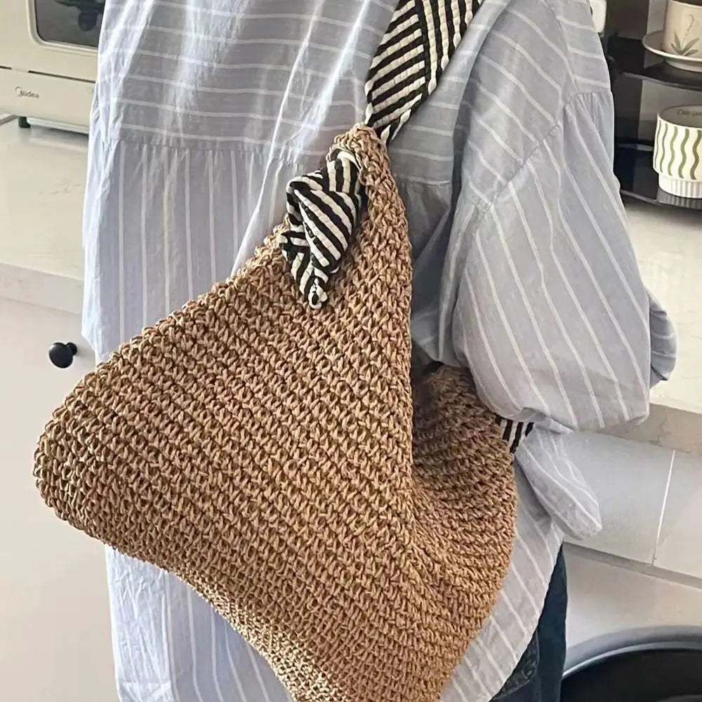 Straw Woven Beach Bag Large Capacity Knot Shoulder Tote