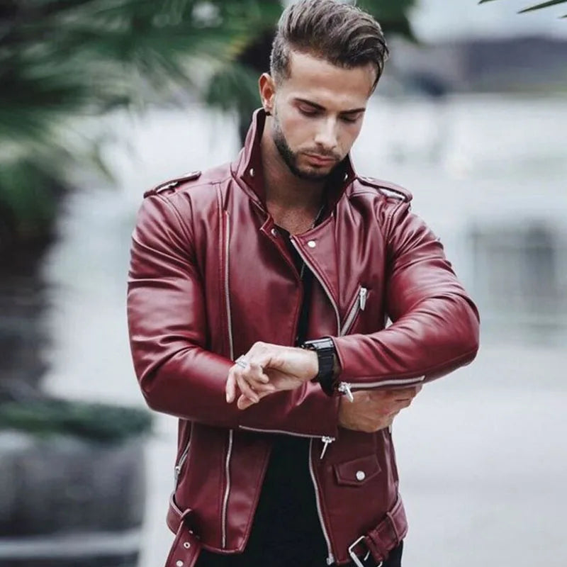 New autumn and winter men Pu leather coat large size standing collar fashion slim zipper leather jacket