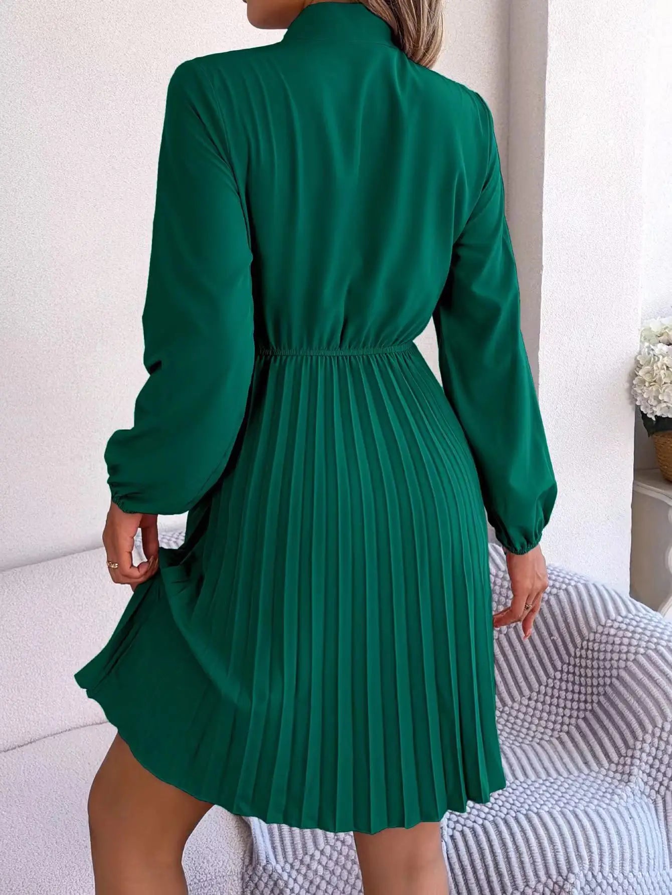 Pure Color, Lace-Up, Long Sleeve, Elastic Waist, Party Pleated Design