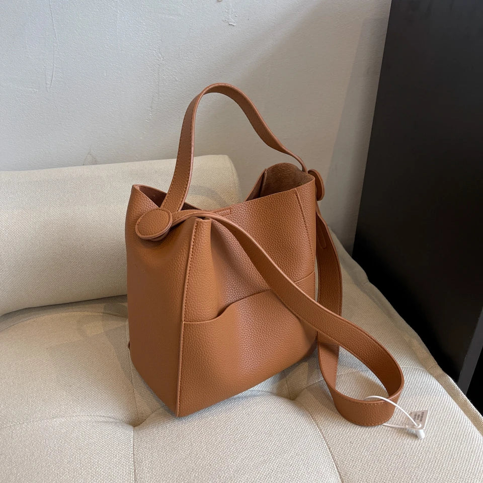 Wide Strap Leather Handbag - Women's Soft Casual Bucket Tote, Large Capacity & Multi-Function