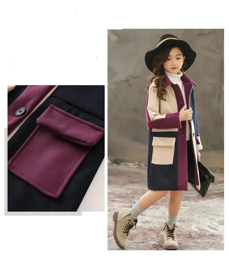Girls Wool Coat Autumn Winter Jacket - Fashionable Outerwear for Ages 4-13
