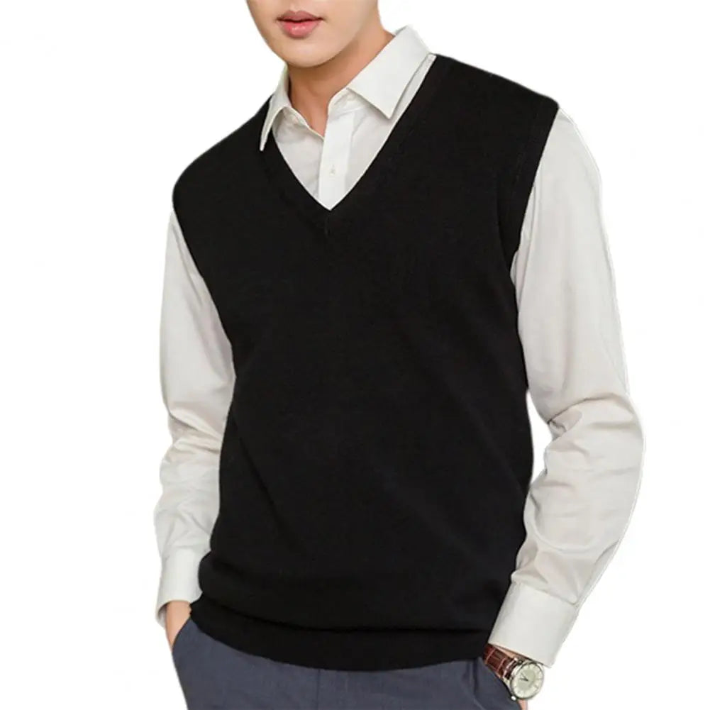 Men's Sleeveless Sweater Vest – Solid Color, Loose Fit, V-Neck Knitted Pullover Waistcoat