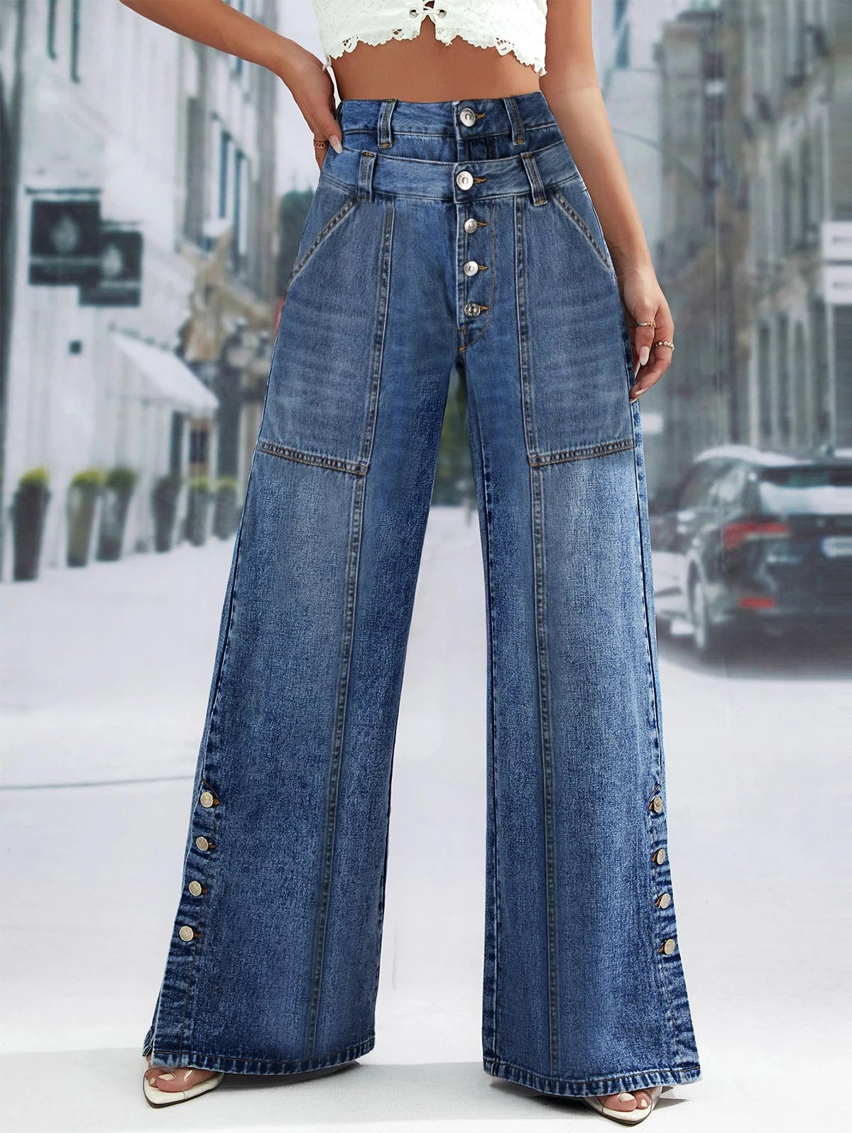 Women's High-Waist Wide-Leg Jeans – Fashionable Button Detail, Loose Fit, Slimming, Trendy Straight Pants.