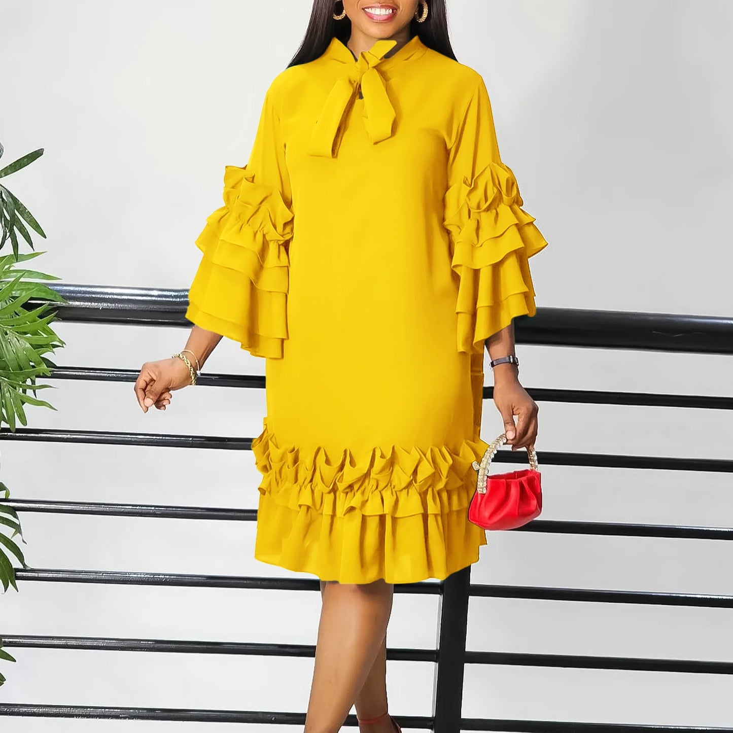 New Casual Ruffle Edge Flare Sleeves Loose Dress for Women