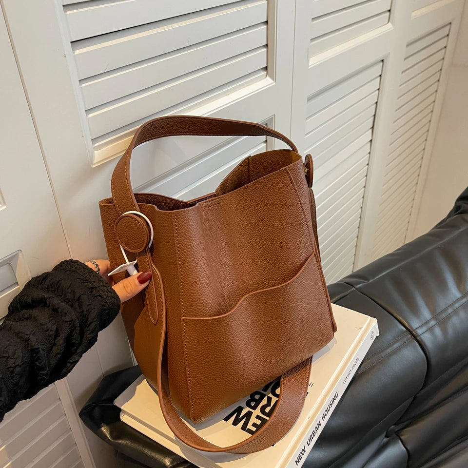 Wide Strap Leather Handbag - Women's Soft Casual Bucket Tote, Large Capacity & Multi-Function