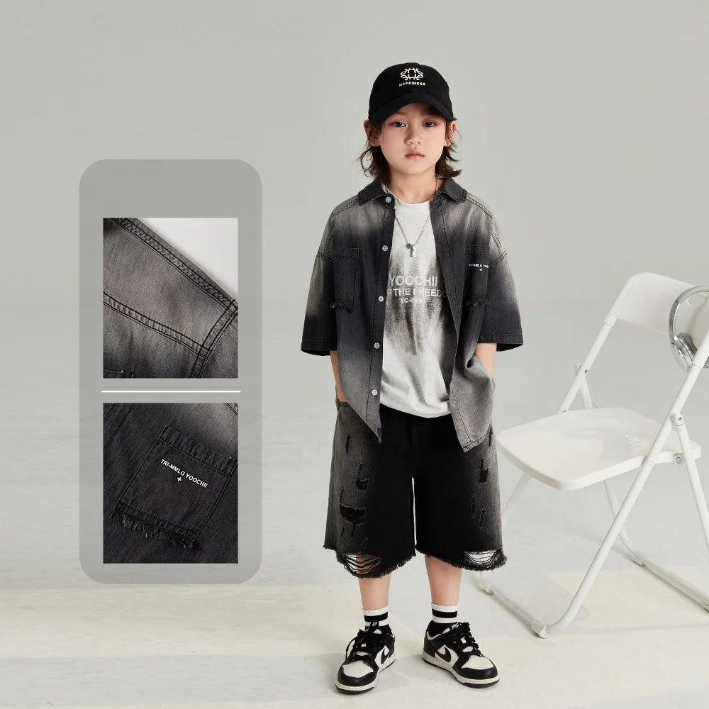 Fashion Boys' Cotton Gradient Gray Short Sleeve Shirt - Summer All-Match Tops (4-16Y)