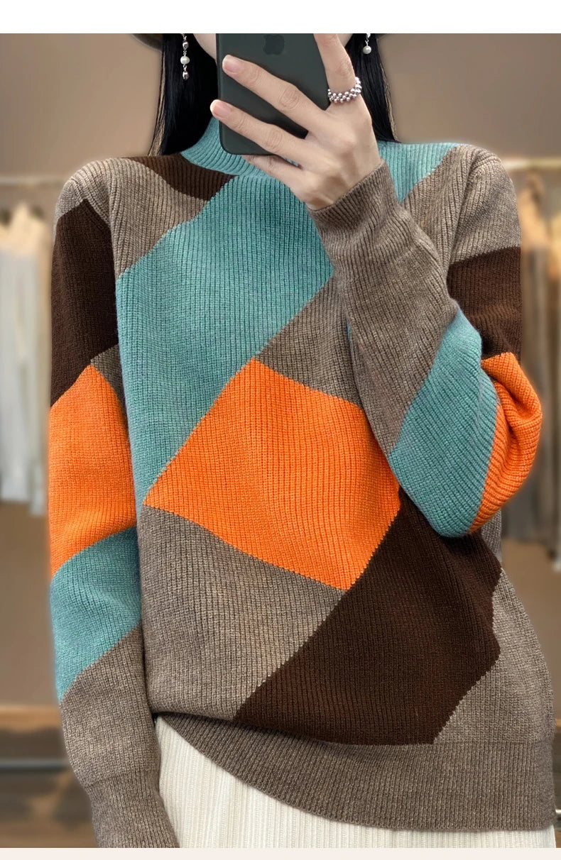 Autumn/Winter Women's Cashmere Patchwork Pullover Sweater