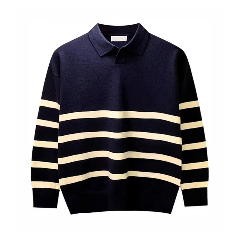 Men's Autumn Striped Lapel Sweater – Casual Y2K Knit Pullover.