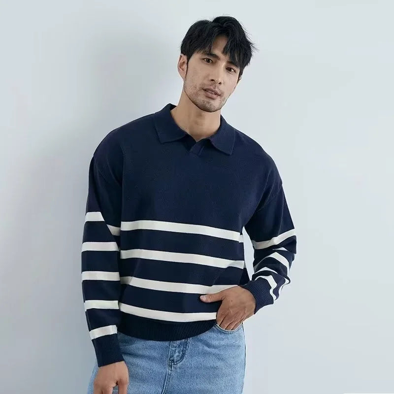 Men's Autumn Striped Lapel Sweater – Casual Y2K Knit Pullover.