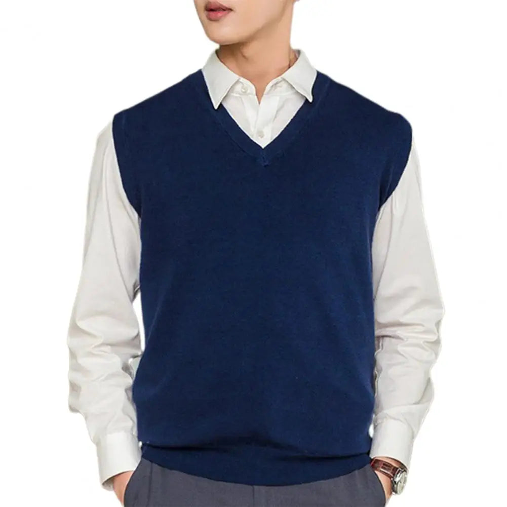 Men's Sleeveless Sweater Vest – Solid Color, Loose Fit, V-Neck Knitted Pullover Waistcoat
