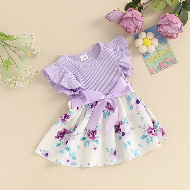 Ribbed Knit Floral Dress for Baby Girls – Ruffle Sleeve & Belted Summer Princess Dress