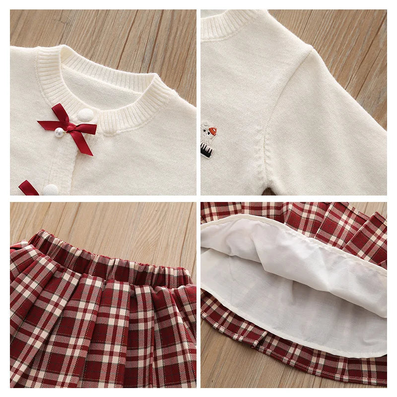 Autumn/Winter Baby Girl 2PCS Sweater Set - Knit Bow Coat & Plaid Skirt