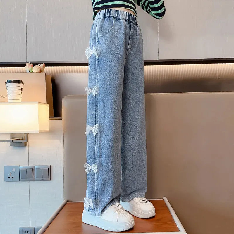 Girls' Wide Leg Jeans with Butterfly Print - Fashion Trousers