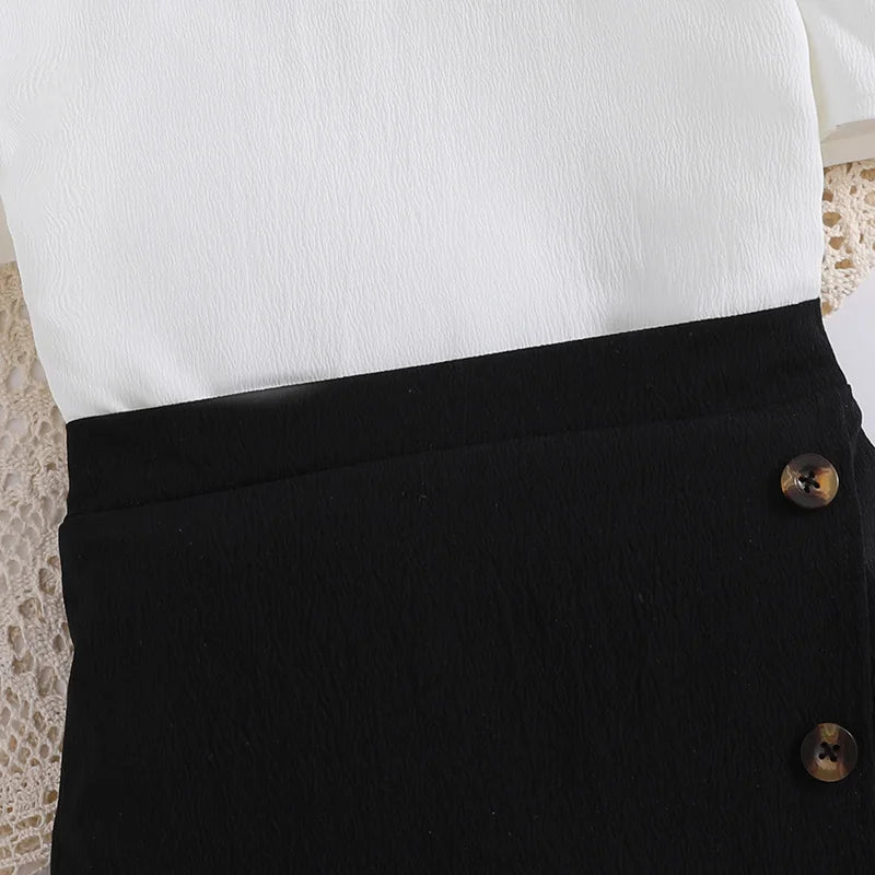Girl's Summer Two-Piece Set – White Top & Black Culottes in Classic Preppy Style