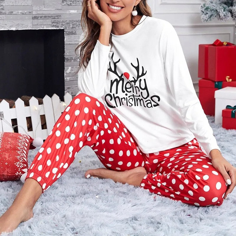 2Pcs Women's Christmas Print Long Sleeve Pajama Set