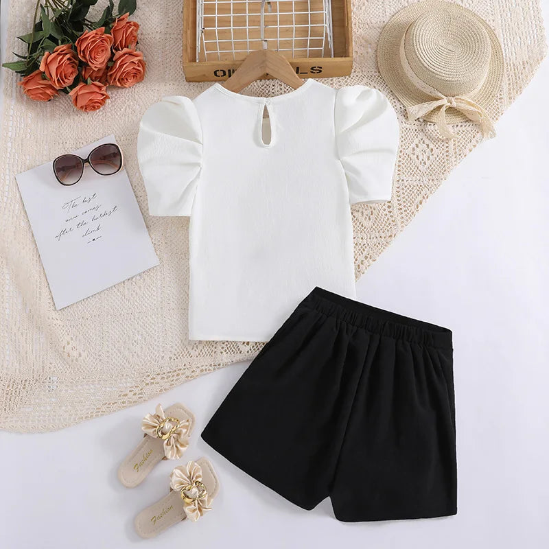 Girl's Summer Two-Piece Set – White Top & Black Culottes in Classic Preppy Style