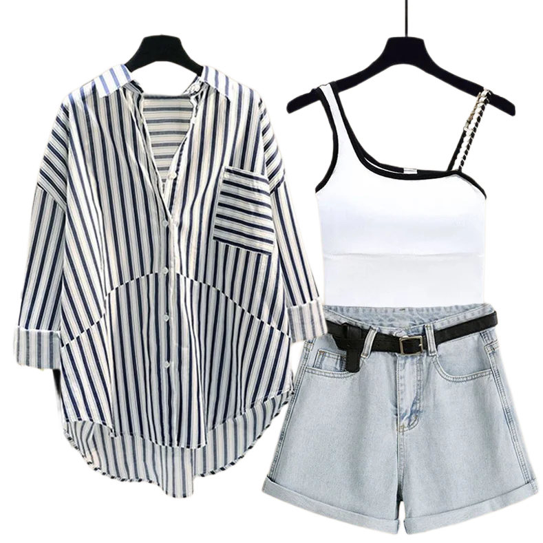 Striped Sunscreen Shirt & Denim Shorts 3-Piece Set - Spring/Summer Women's Fashion
