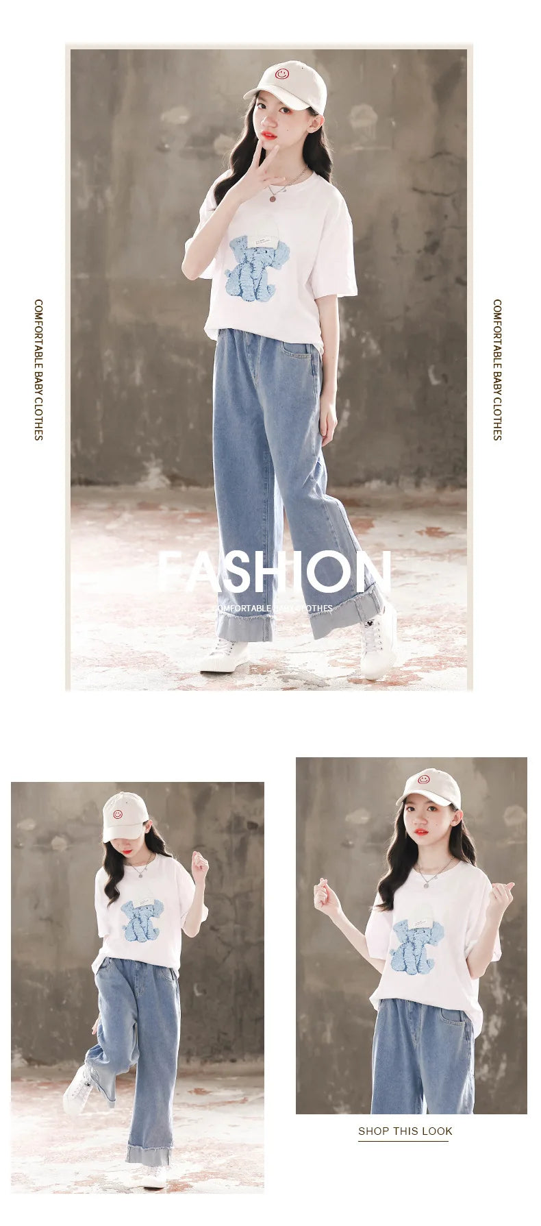 Summer Girls' Loose White Elephant Tee & Wide-Leg Denim Jeans