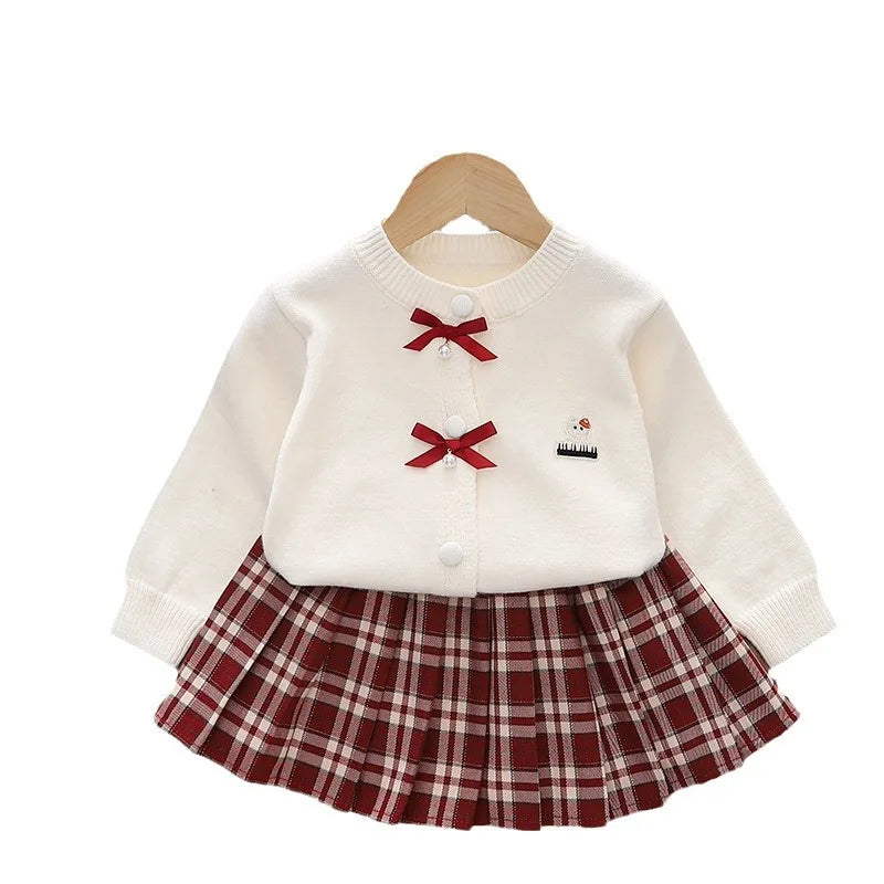 Autumn/Winter Baby Girl 2PCS Sweater Set - Knit Bow Coat & Plaid Skirt