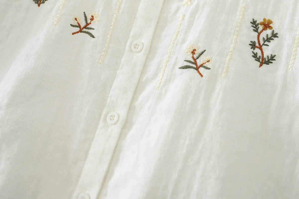 Fall Women’s Cotton Yarn Shirt – Elegant Long Sleeve Embroidered Top