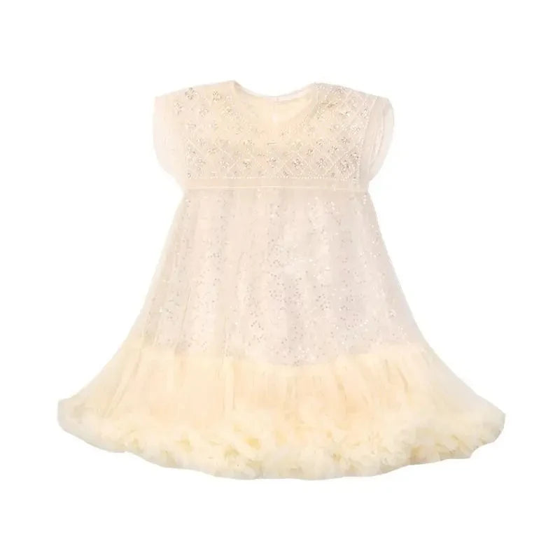 Girls' Summer Dress – Korean Princess Casual Mesh Dress with Pearl Sequin Details