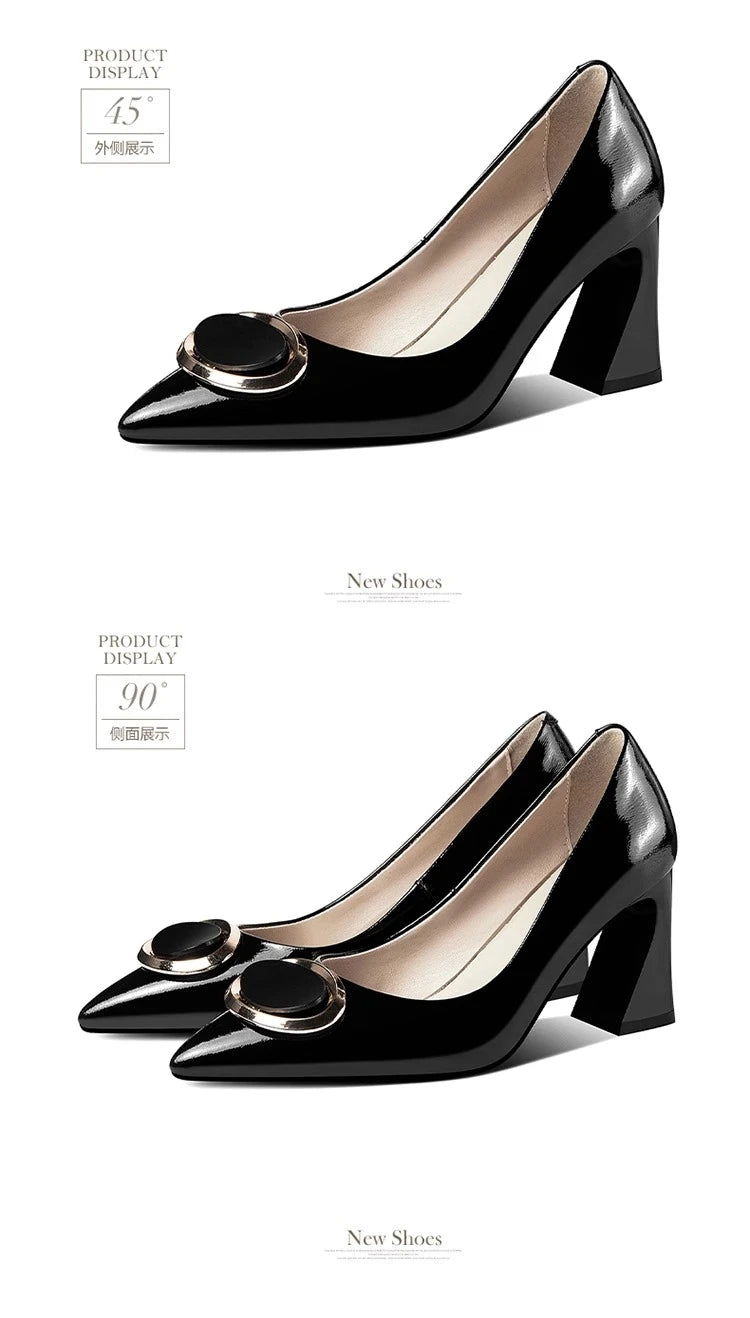 Pointed High Heels - Women's Thick Patent Leather Shoes with Square Buckle, Soft Leather, Middle Heel