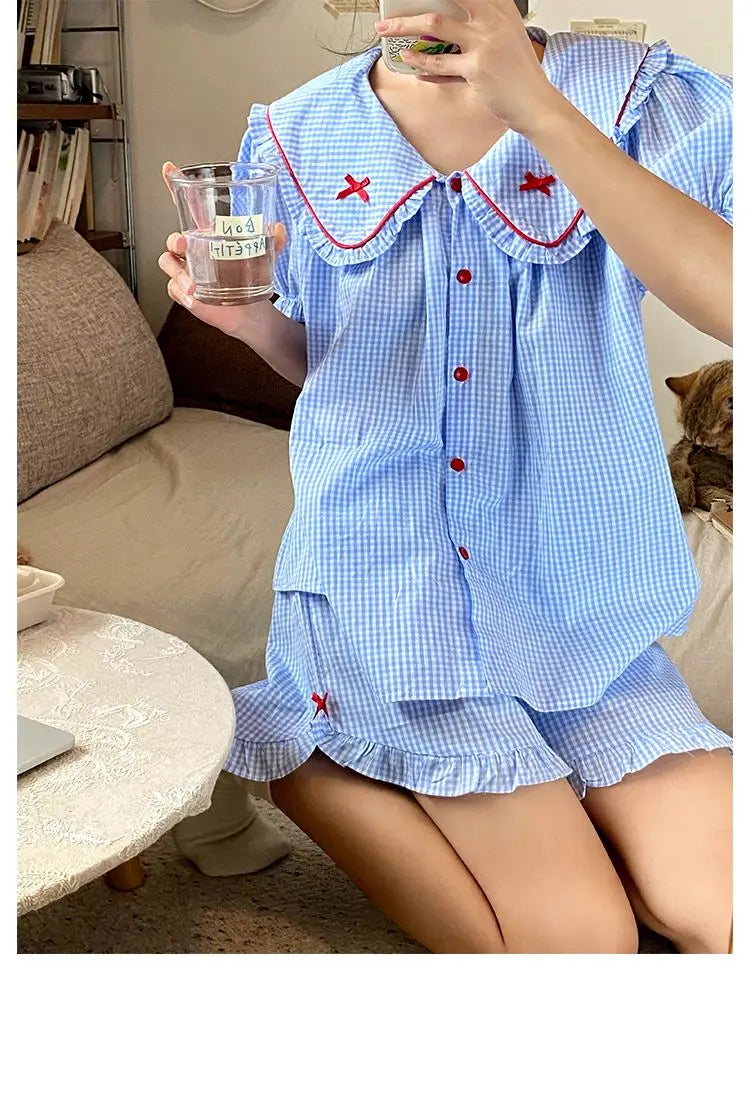Plaid Women's Summer Pajama Set - Button Sleepwear with Peter Pan Collar