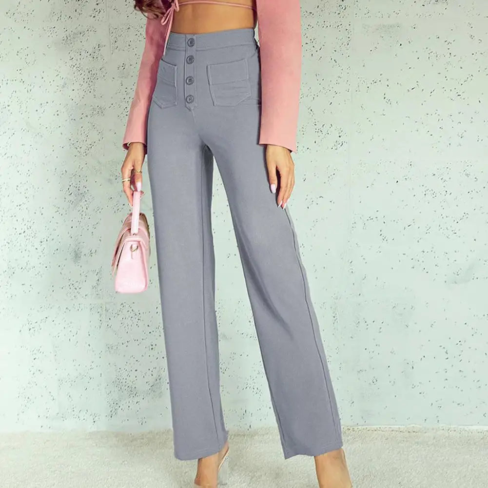 Stylish High-Waist Slouchy Pants - Women's Wide-Leg Trousers with Button Closure, Elastic Pockets, Casual Solid Color